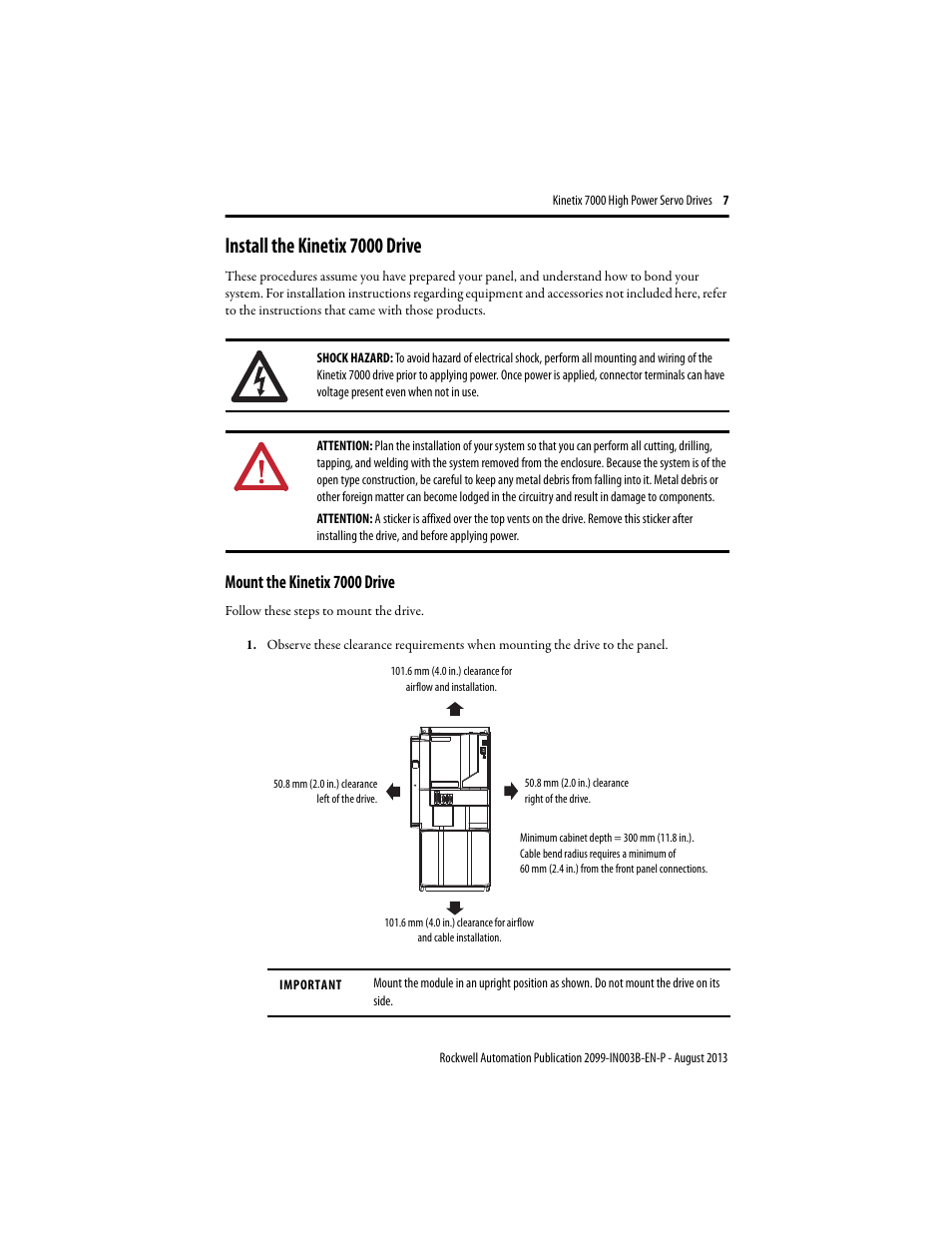 Install the kinetix 7000 drive, Mount the kinetix 7000 drive | Rockwell Automation 2099-BMxxx Kinetix 7000 High Power Servo Drive Installation Instructions User Manual | Page 7 / 20