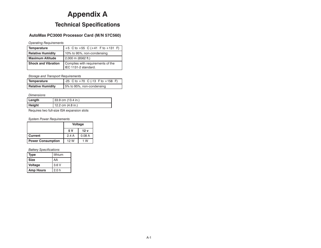 A - technical specificaitons, Appendix a, Technical specifications | Rockwell Automation 57C570 AutoMax PC3000 User Manual User Manual | Page 241 / 294