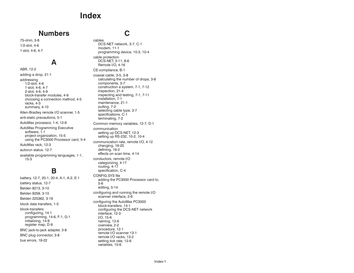 Index, Numbers | Rockwell Automation 57C570 AutoMax PC3000 User Manual User Manual | Page 287 / 294