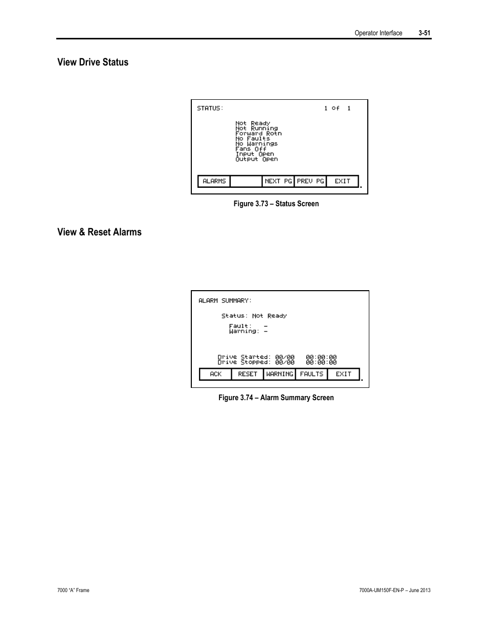 View drive status, View & reset alarms | Rockwell Automation 7000A PowerFlex Medium Voltage Drive (A-Frame) - Classic Control User Manual | Page 145 / 515