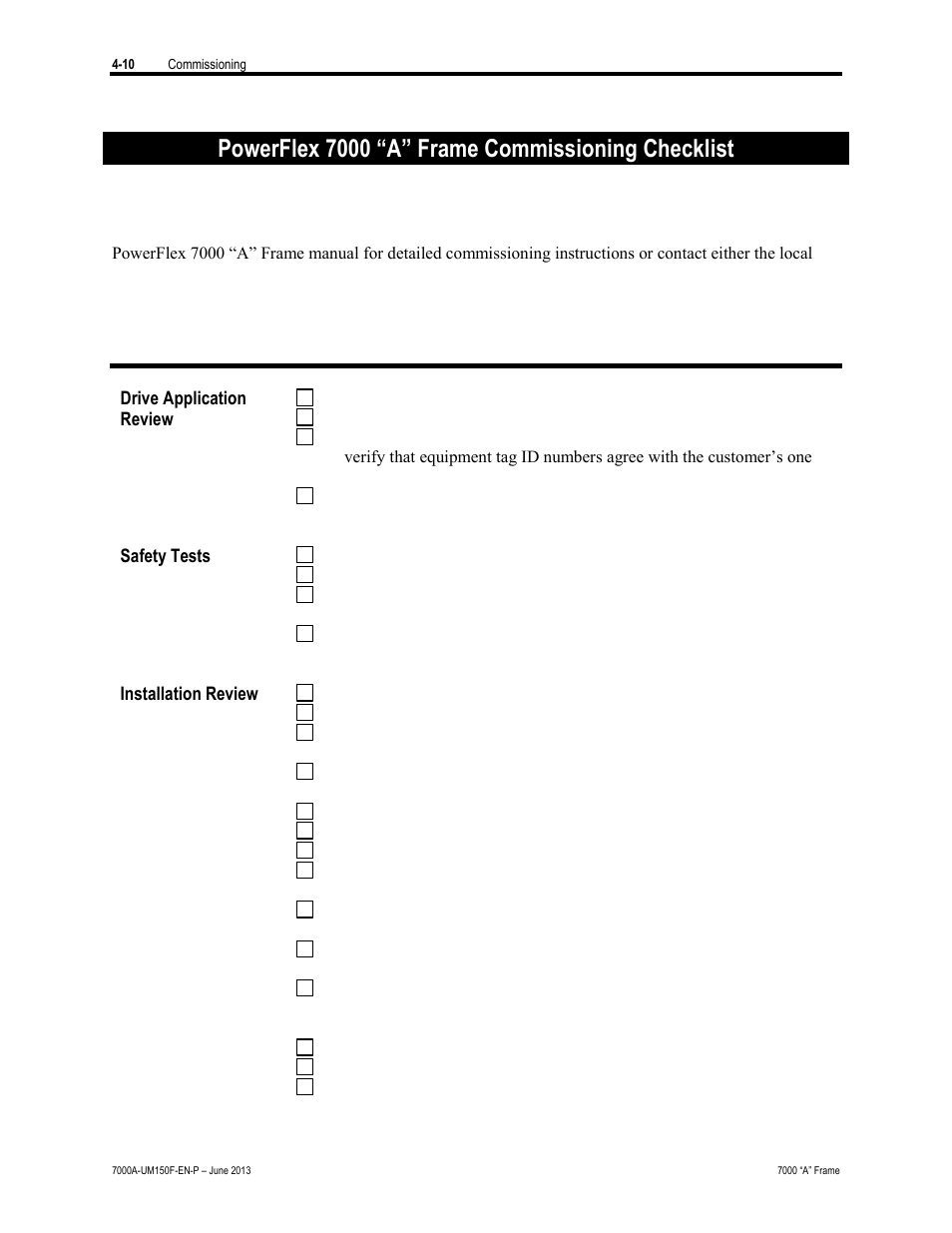 Powerflex 7000 “a” frame commissioning checklist | Rockwell Automation 7000A PowerFlex Medium Voltage Drive (A-Frame) - Classic Control User Manual | Page 184 / 515