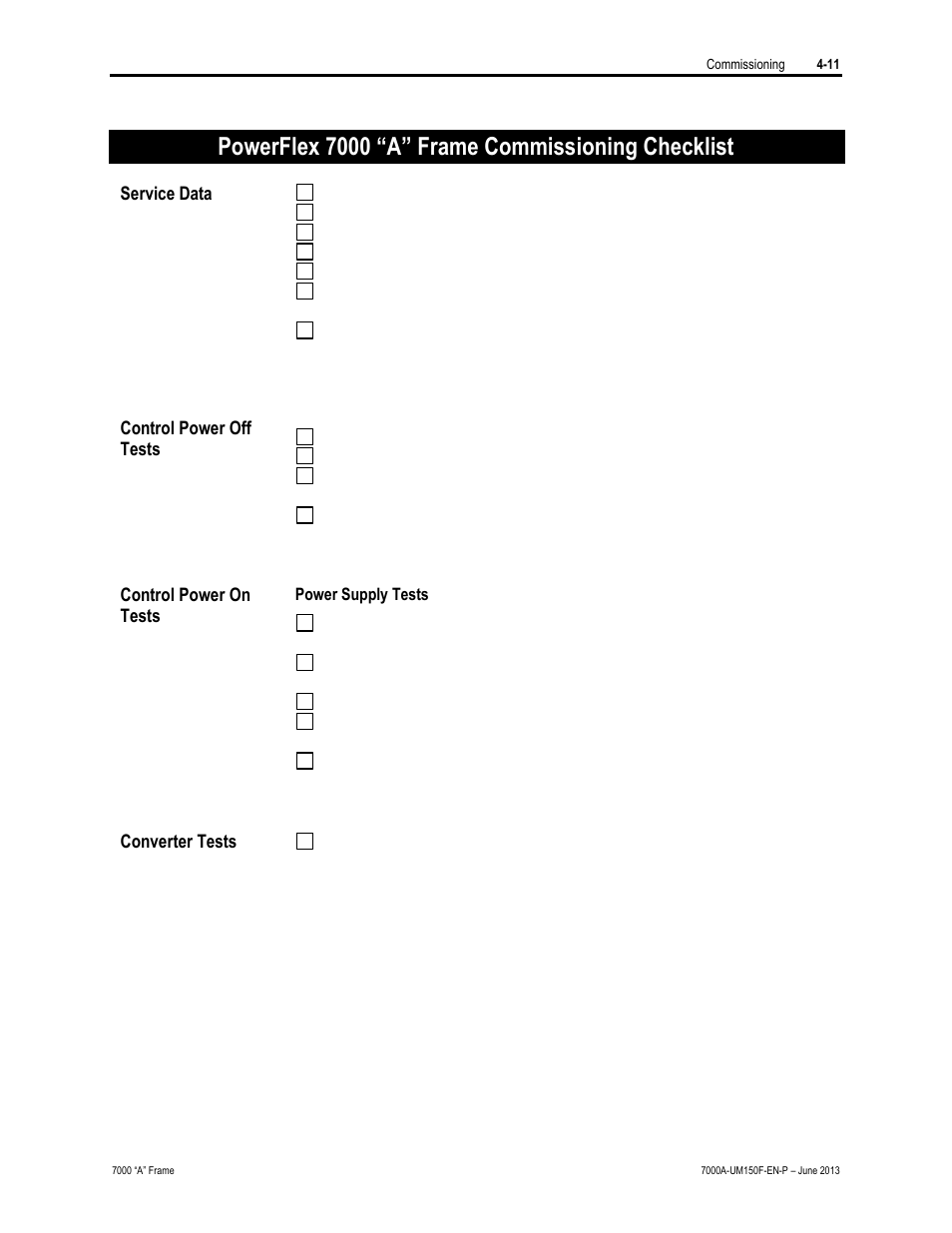 Powerflex 7000 “a” frame commissioning checklist | Rockwell Automation 7000A PowerFlex Medium Voltage Drive (A-Frame) - Classic Control User Manual | Page 185 / 515