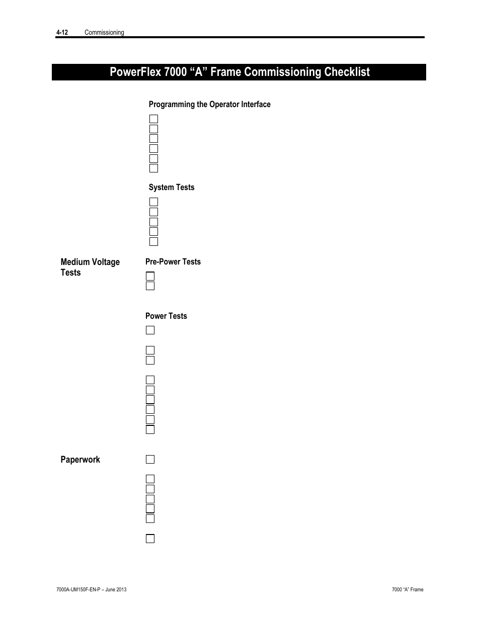 Powerflex 7000 “a” frame commissioning checklist | Rockwell Automation 7000A PowerFlex Medium Voltage Drive (A-Frame) - Classic Control User Manual | Page 186 / 515