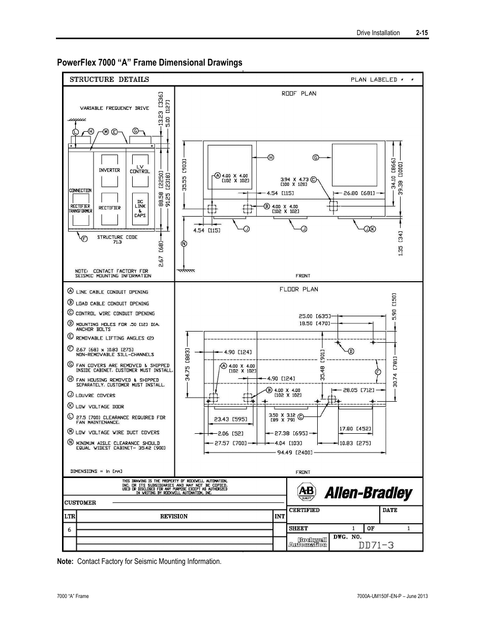 Powerflex 7000 “a” frame dimensional drawings | Rockwell Automation 7000A PowerFlex Medium Voltage Drive (A-Frame) - Classic Control User Manual | Page 55 / 515