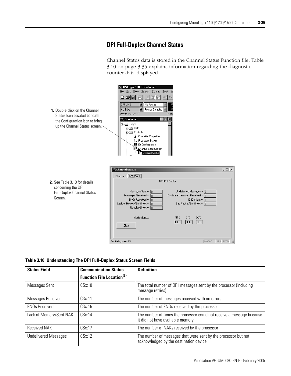 Df1 full-duplex channel status -35, Df1 full-duplex channel status | Rockwell Automation DAG6.5.8 APPLICATION GUIDE SCADA SYSTEM User Manual | Page 103 / 420