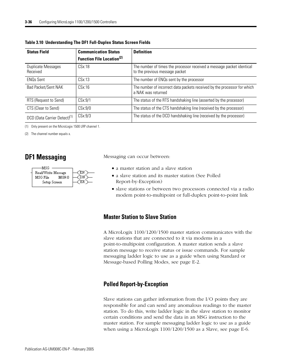 Df1 messaging, Df1 messaging -36, Master station to slave station | Polled report-by-exception | Rockwell Automation DAG6.5.8 APPLICATION GUIDE SCADA SYSTEM User Manual | Page 104 / 420