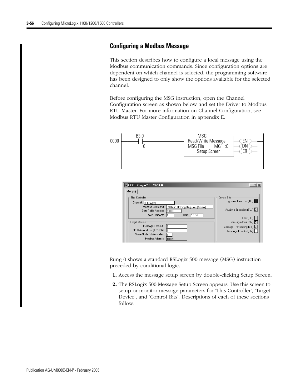 Configuring a modbus message -56, Configuring a modbus message | Rockwell Automation DAG6.5.8 APPLICATION GUIDE SCADA SYSTEM User Manual | Page 124 / 420