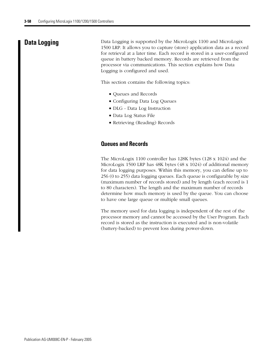 Data logging, 58 through, Data logging -58 | Queues and records -58, Queues and records | Rockwell Automation DAG6.5.8 APPLICATION GUIDE SCADA SYSTEM User Manual | Page 126 / 420