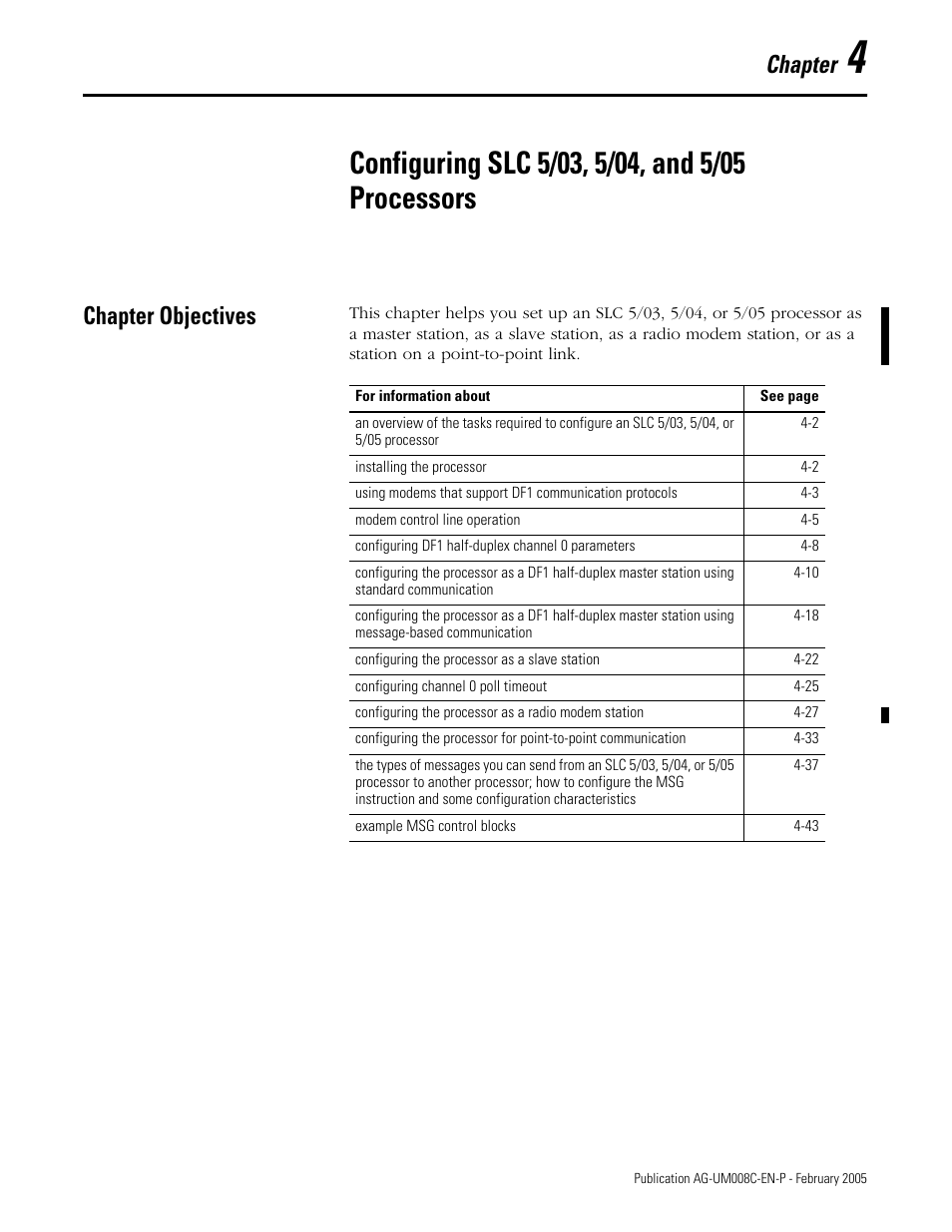 Configuring slc 5/03, 5/04, and 5/05 processors, Chapter objectives, Chapter 4 | Chapter objectives -1, Chapter | Rockwell Automation DAG6.5.8 APPLICATION GUIDE SCADA SYSTEM User Manual | Page 139 / 420