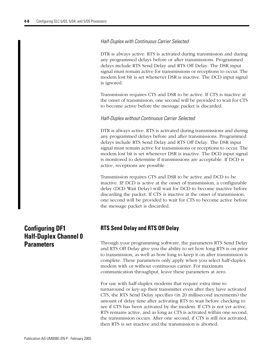 Configuring df1 half-duplex channel 0 parameters, Through 4-8, Rts send delay and rts off delay -8 | Rockwell Automation DAG6.5.8 APPLICATION GUIDE SCADA SYSTEM User Manual | Page 146 / 420