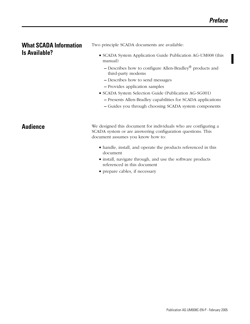 Preface, What scada information is available, Audience | Preface what scada information is available | Rockwell Automation DAG6.5.8 APPLICATION GUIDE SCADA SYSTEM User Manual | Page 15 / 420