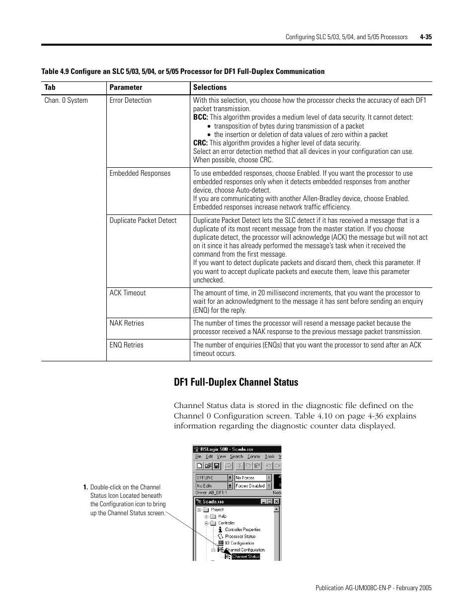 Df1 full-duplex channel status -35, Df1 full-duplex channel status | Rockwell Automation DAG6.5.8 APPLICATION GUIDE SCADA SYSTEM User Manual | Page 173 / 420