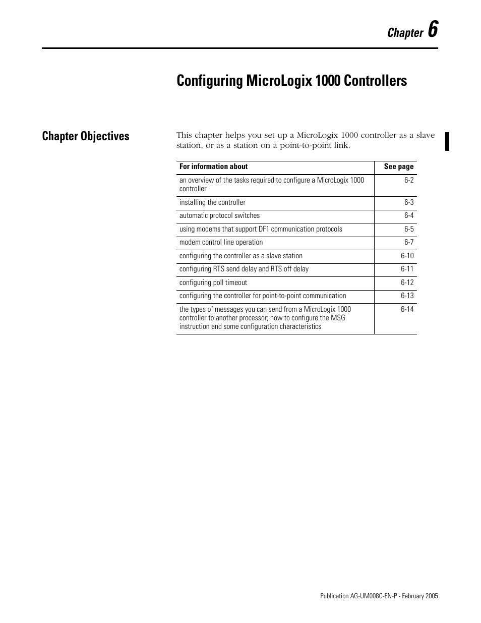 Configuring micrologix 1000 controllers, Chapter objectives, Chapter 6 | Chapter objectives -1, Chapter | Rockwell Automation DAG6.5.8 APPLICATION GUIDE SCADA SYSTEM User Manual | Page 205 / 420