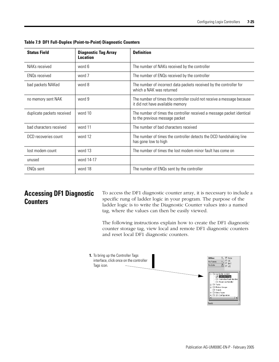 Accessing df1 diagnostic counters, Accessing df1 diagnostic counters -25 | Rockwell Automation DAG6.5.8 APPLICATION GUIDE SCADA SYSTEM User Manual | Page 251 / 420