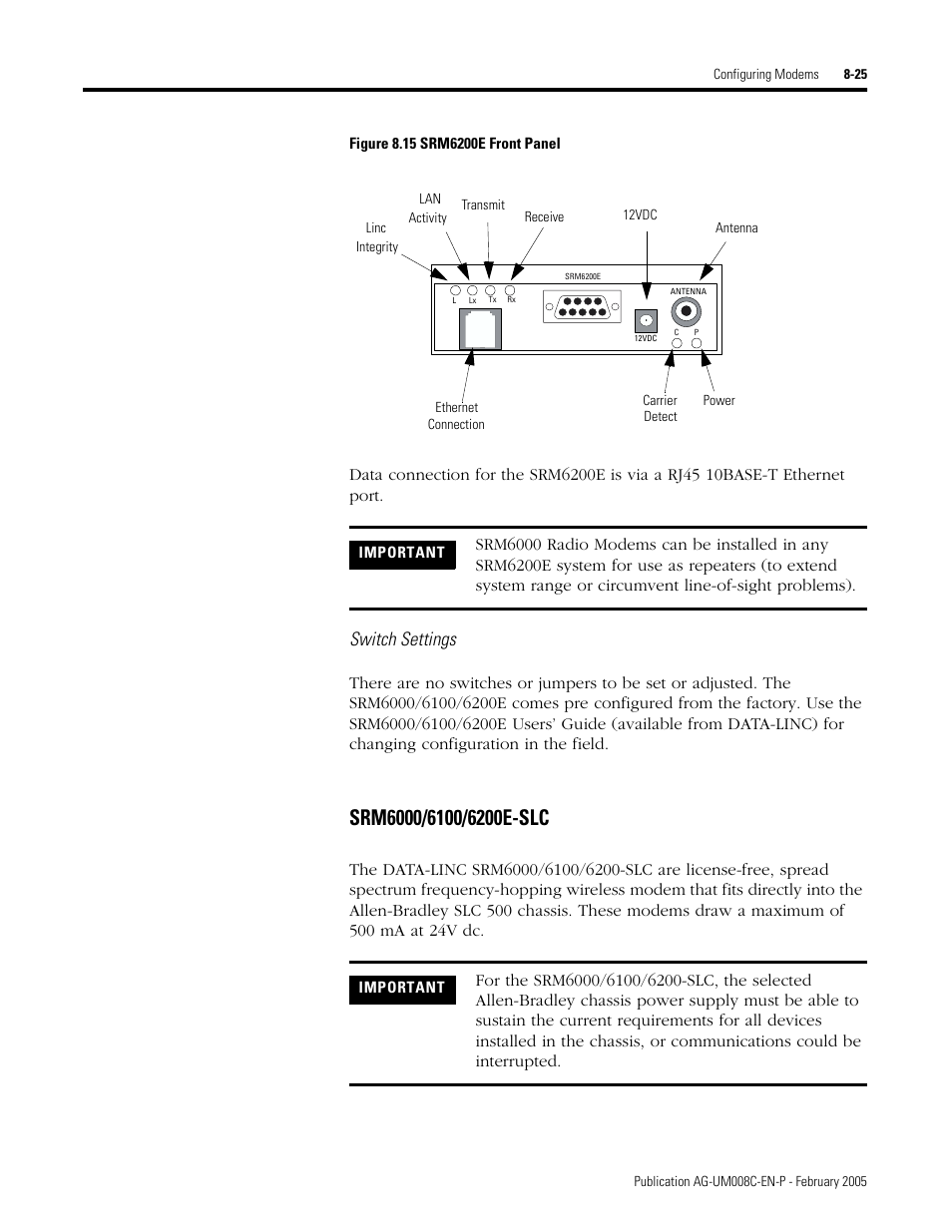 Srm6000/6100/6200e-slc -25, Switch settings | Rockwell Automation DAG6.5.8 APPLICATION GUIDE SCADA SYSTEM User Manual | Page 291 / 420