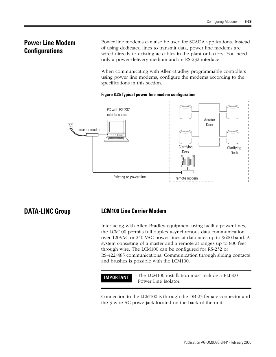 Power line modem configurations, Data-linc group, Power line modem | Configurations -39 data-linc group -39, Lcm100 line carrier modem -39, Lcm100 line carrier modem | Rockwell Automation DAG6.5.8 APPLICATION GUIDE SCADA SYSTEM User Manual | Page 305 / 420