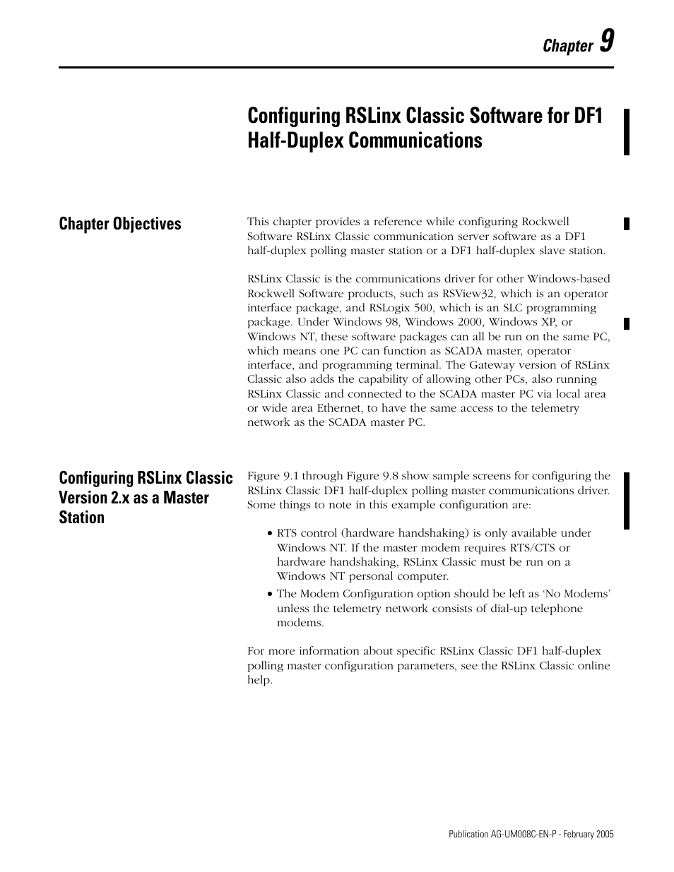 Chapter objectives, Chapter 9, Configuring rslinx classic software for df1 | Half-duplex communications | Rockwell Automation DAG6.5.8 APPLICATION GUIDE SCADA SYSTEM User Manual | Page 307 / 420