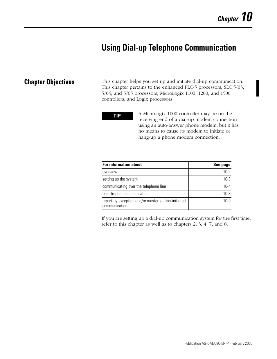 Using dial-up telephone communication, Chapter objectives, Chapter 10 | Chapter objectives -1, Chapter | Rockwell Automation DAG6.5.8 APPLICATION GUIDE SCADA SYSTEM User Manual | Page 321 / 420