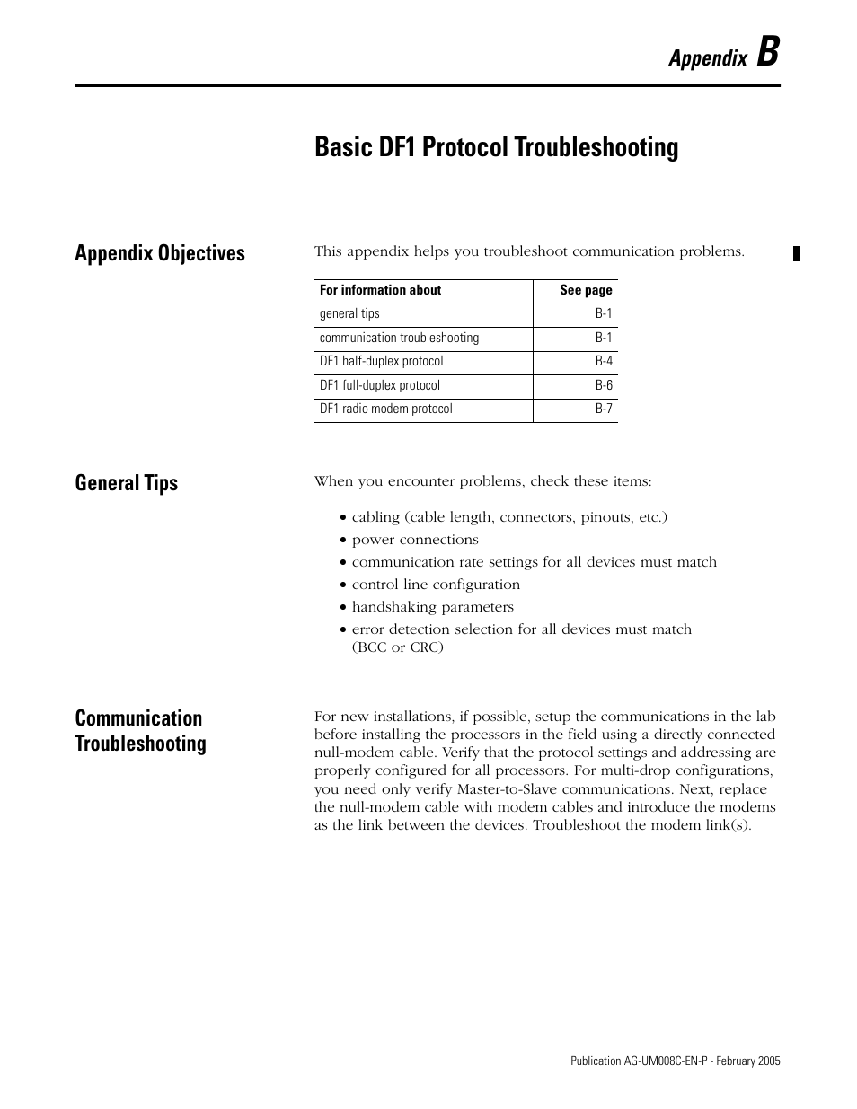 Basic df1 protocol troubleshooting, Appendix objectives, General tips | Communication troubleshooting, Appendix b, Appendix | Rockwell Automation DAG6.5.8 APPLICATION GUIDE SCADA SYSTEM User Manual | Page 347 / 420