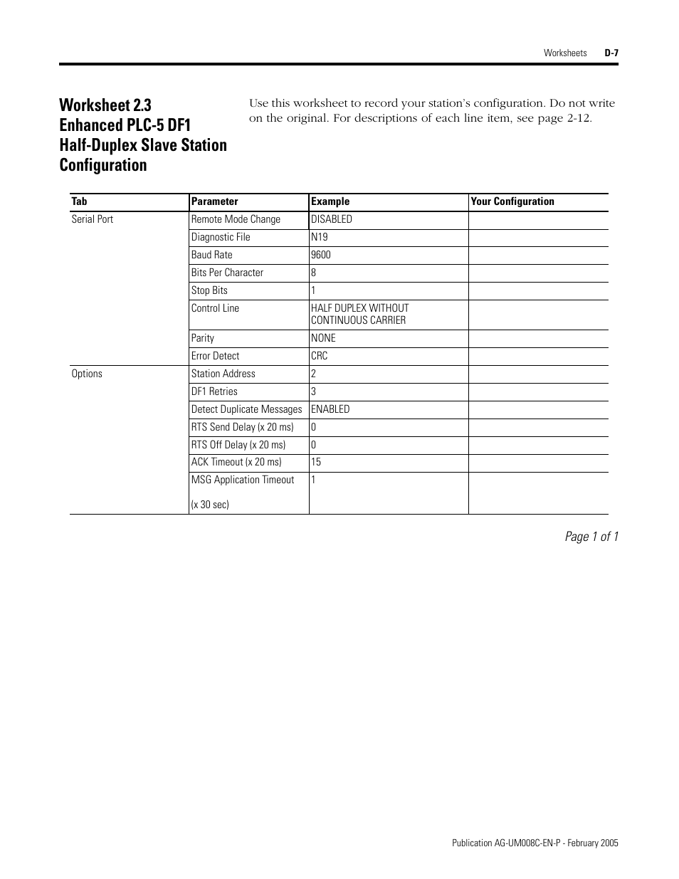 Worksheet 2.3 enhanced plc-5 df1 half-duplex slave | Rockwell Automation DAG6.5.8 APPLICATION GUIDE SCADA SYSTEM User Manual | Page 363 / 420