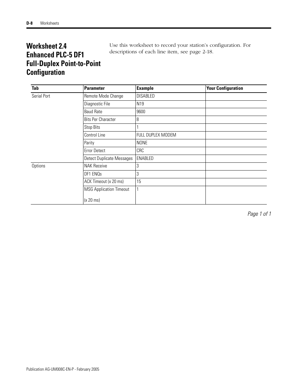 Worksheet 2.4 enhanced plc-5 df1 full-duplex, E d-8 | Rockwell Automation DAG6.5.8 APPLICATION GUIDE SCADA SYSTEM User Manual | Page 364 / 420