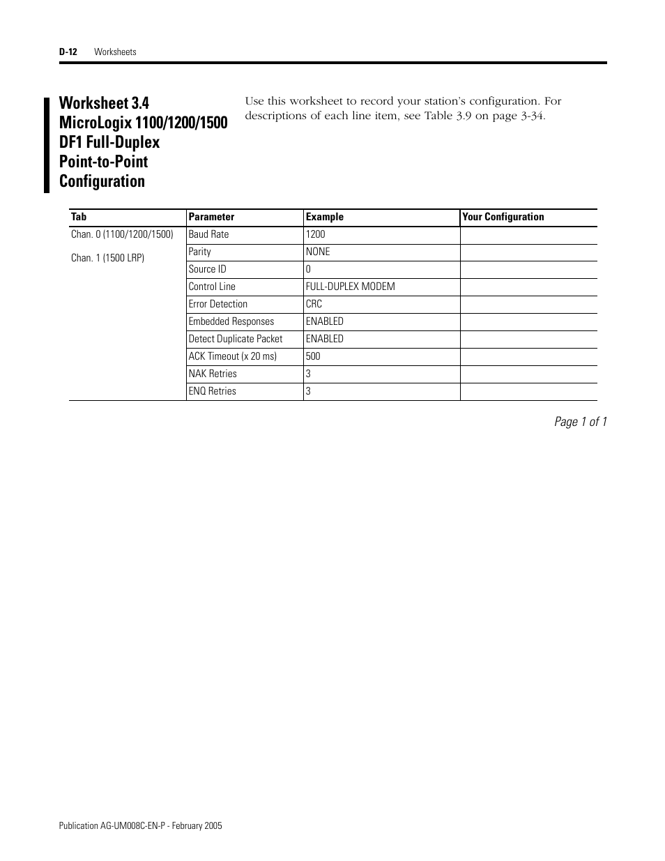 Worksheet 3.4 micrologix 1100/1200/1500 df1, D-12 | Rockwell Automation DAG6.5.8 APPLICATION GUIDE SCADA SYSTEM User Manual | Page 368 / 420
