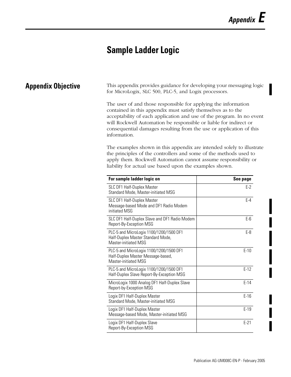Sample ladder logic, Appendix objective, Appendix e | Appendix | Rockwell Automation DAG6.5.8 APPLICATION GUIDE SCADA SYSTEM User Manual | Page 383 / 420