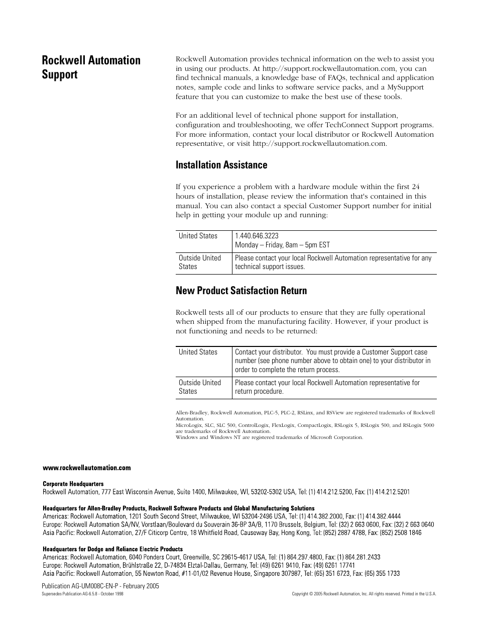 Rockwell automation support, Installation assistance, New product satisfaction return | Rockwell Automation DAG6.5.8 APPLICATION GUIDE SCADA SYSTEM User Manual | Page 420 / 420