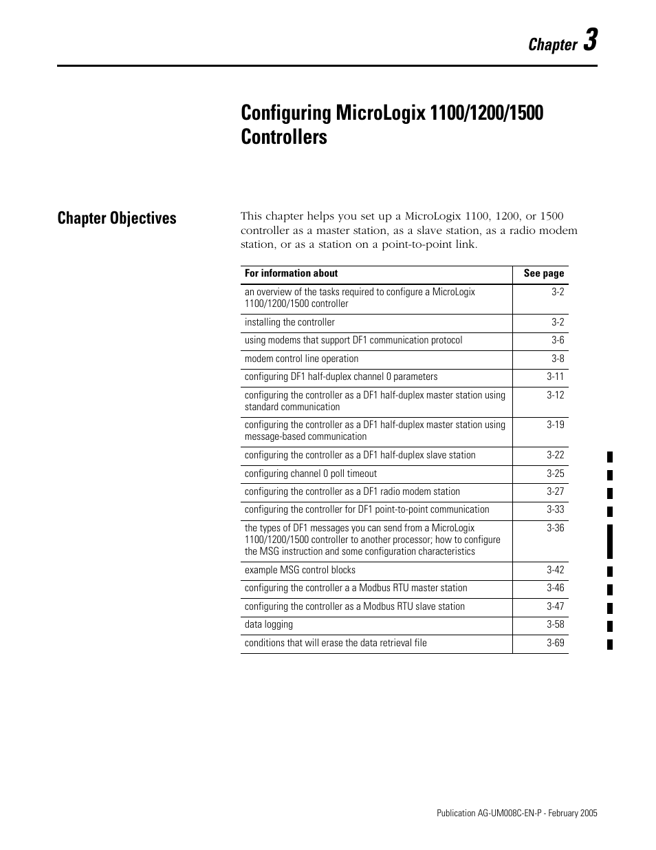 Configuring micrologix 1100/1200/1500 controllers, Chapter objectives, Chapter 3 | Chapter objectives -1, Chapter | Rockwell Automation DAG6.5.8 APPLICATION GUIDE SCADA SYSTEM User Manual | Page 69 / 420