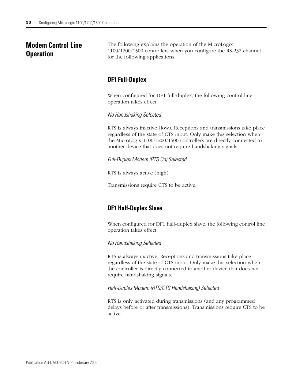 Modem control line operation, Modem control line operation -8, Df1 full-duplex -8 df1 half-duplex slave -8 | Rockwell Automation DAG6.5.8 APPLICATION GUIDE SCADA SYSTEM User Manual | Page 76 / 420