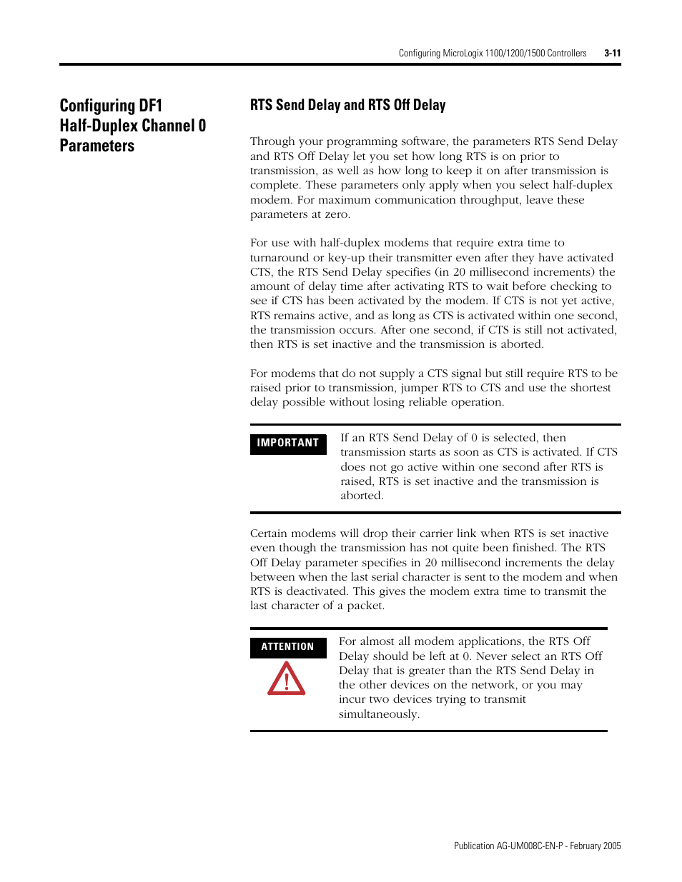 Configuring df1 half-duplex channel 0 parameters, Rts send delay and rts off delay -11, Rts send delay and rts off delay | Rockwell Automation DAG6.5.8 APPLICATION GUIDE SCADA SYSTEM User Manual | Page 79 / 420