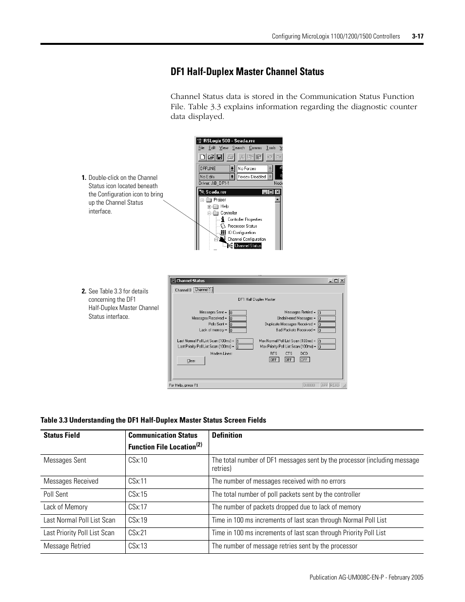 Df1 half-duplex master channel status -17, Df1 half-duplex master channel status | Rockwell Automation DAG6.5.8 APPLICATION GUIDE SCADA SYSTEM User Manual | Page 85 / 420