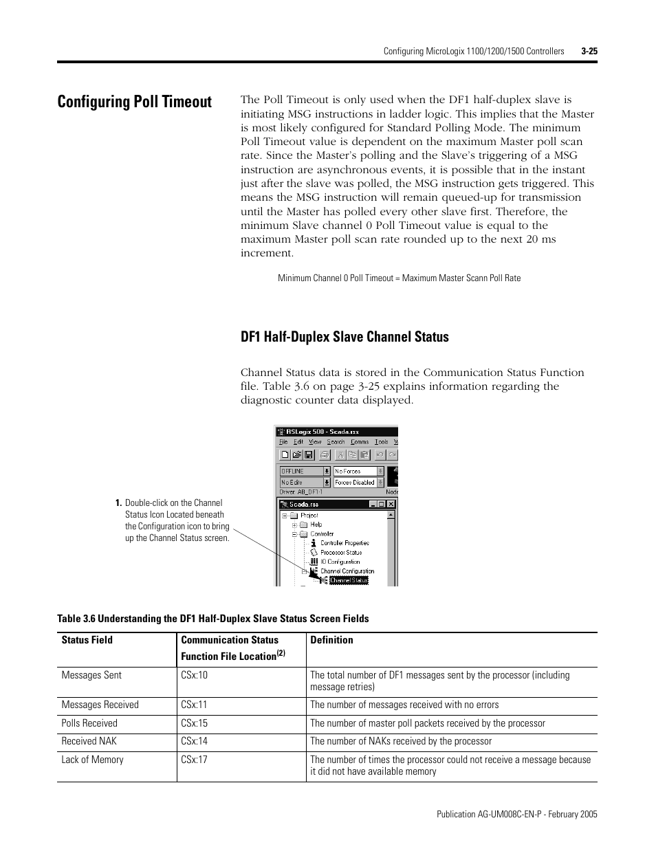 Configuring poll timeout, Configuring poll timeout -25, Df1 half-duplex slave channel status -25 | Df1 half-duplex slave channel status | Rockwell Automation DAG6.5.8 APPLICATION GUIDE SCADA SYSTEM User Manual | Page 93 / 420