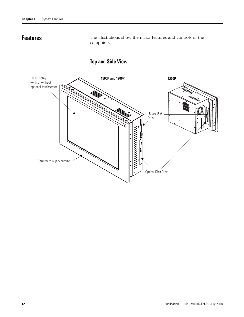 Features, Top and side view | Rockwell Automation 6181P-xxxx Integrated Display Computers, Series A to D User Manual | Page 12 / 72
