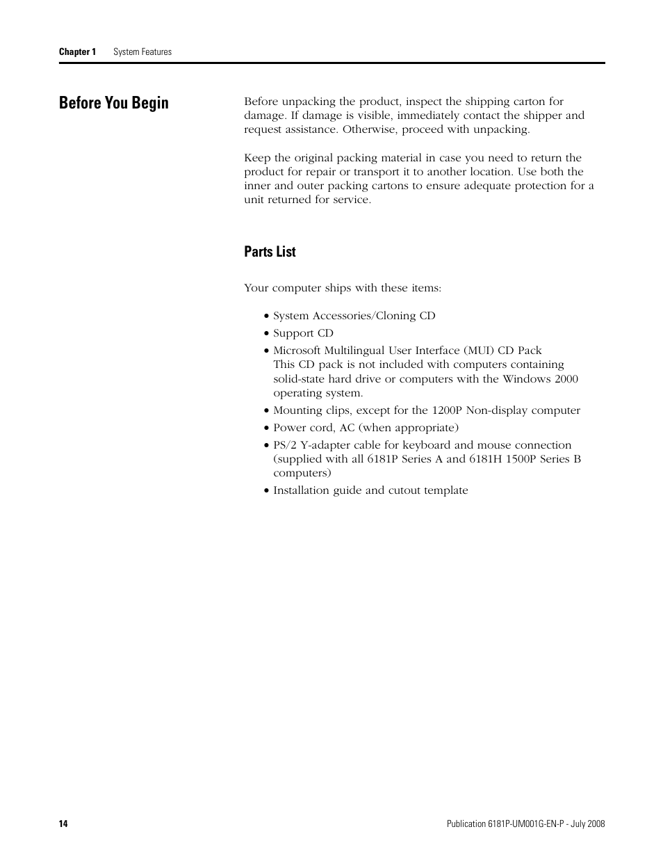 Before you begin, Parts list | Rockwell Automation 6181P-xxxx Integrated Display Computers, Series A to D User Manual | Page 14 / 72