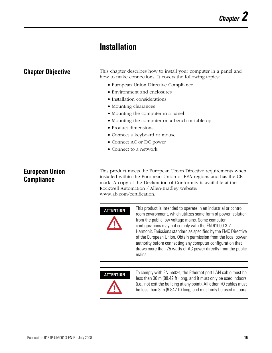 2 - installation, Chapter objective, European union compliance | Chapter 2, Installation, Chapter objective european union compliance, Chapter | Rockwell Automation 6181P-xxxx Integrated Display Computers, Series A to D User Manual | Page 15 / 72