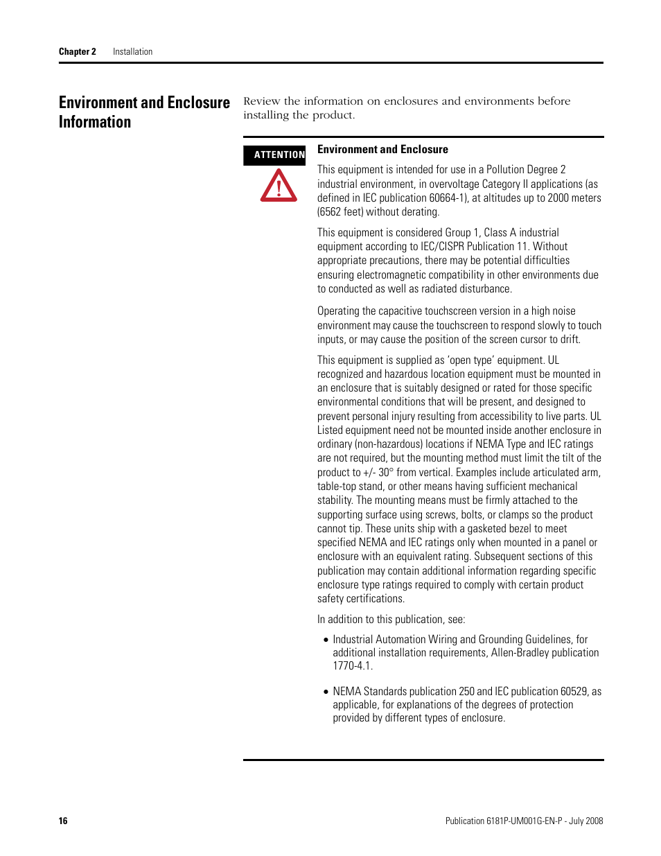 Environment and enclosure information | Rockwell Automation 6181P-xxxx Integrated Display Computers, Series A to D User Manual | Page 16 / 72