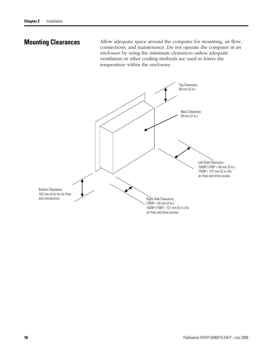 Mounting clearances | Rockwell Automation 6181P-xxxx Integrated Display Computers, Series A to D User Manual | Page 18 / 72
