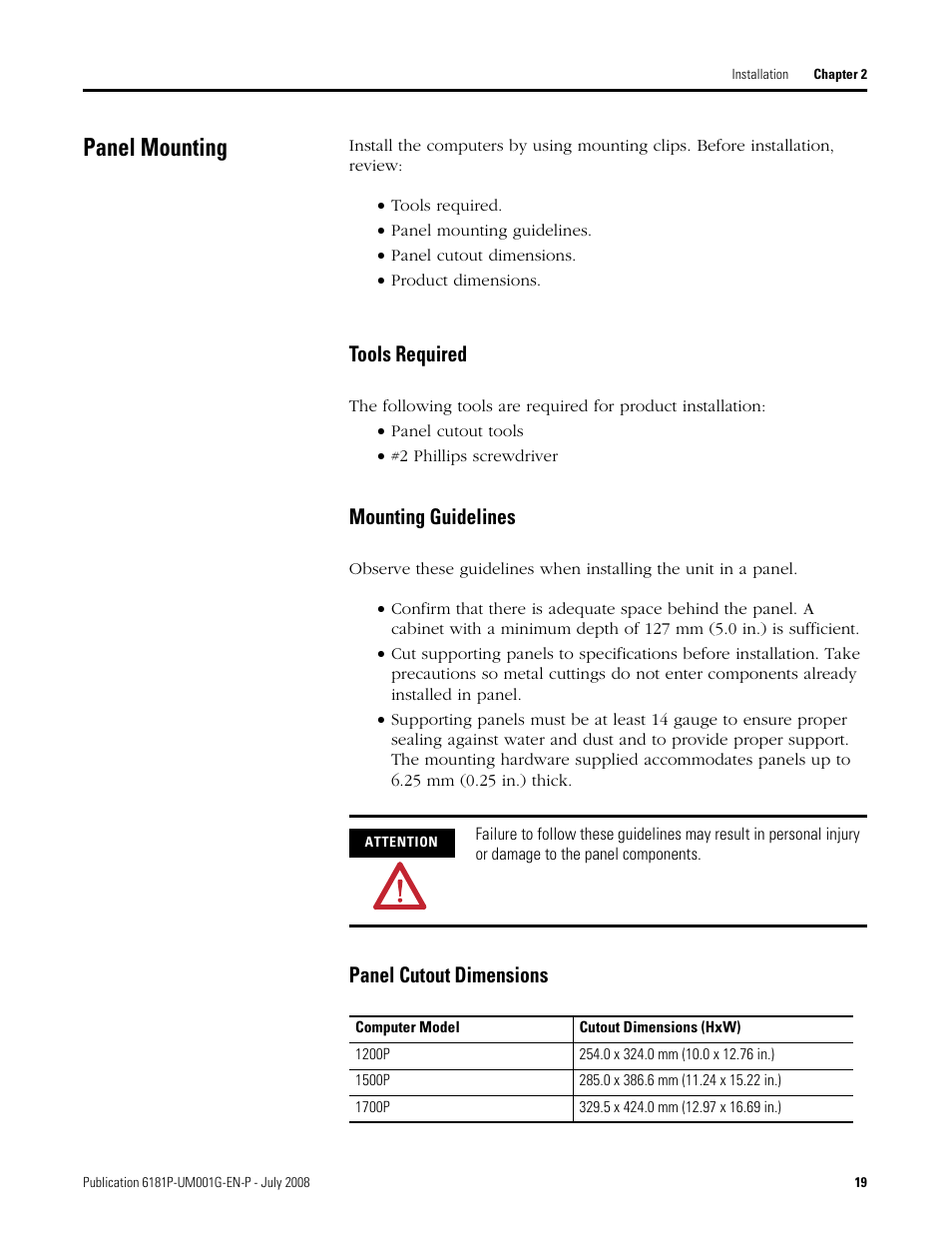 Panel mounting, Tools required, Mounting guidelines | Panel cutout dimensions | Rockwell Automation 6181P-xxxx Integrated Display Computers, Series A to D User Manual | Page 19 / 72