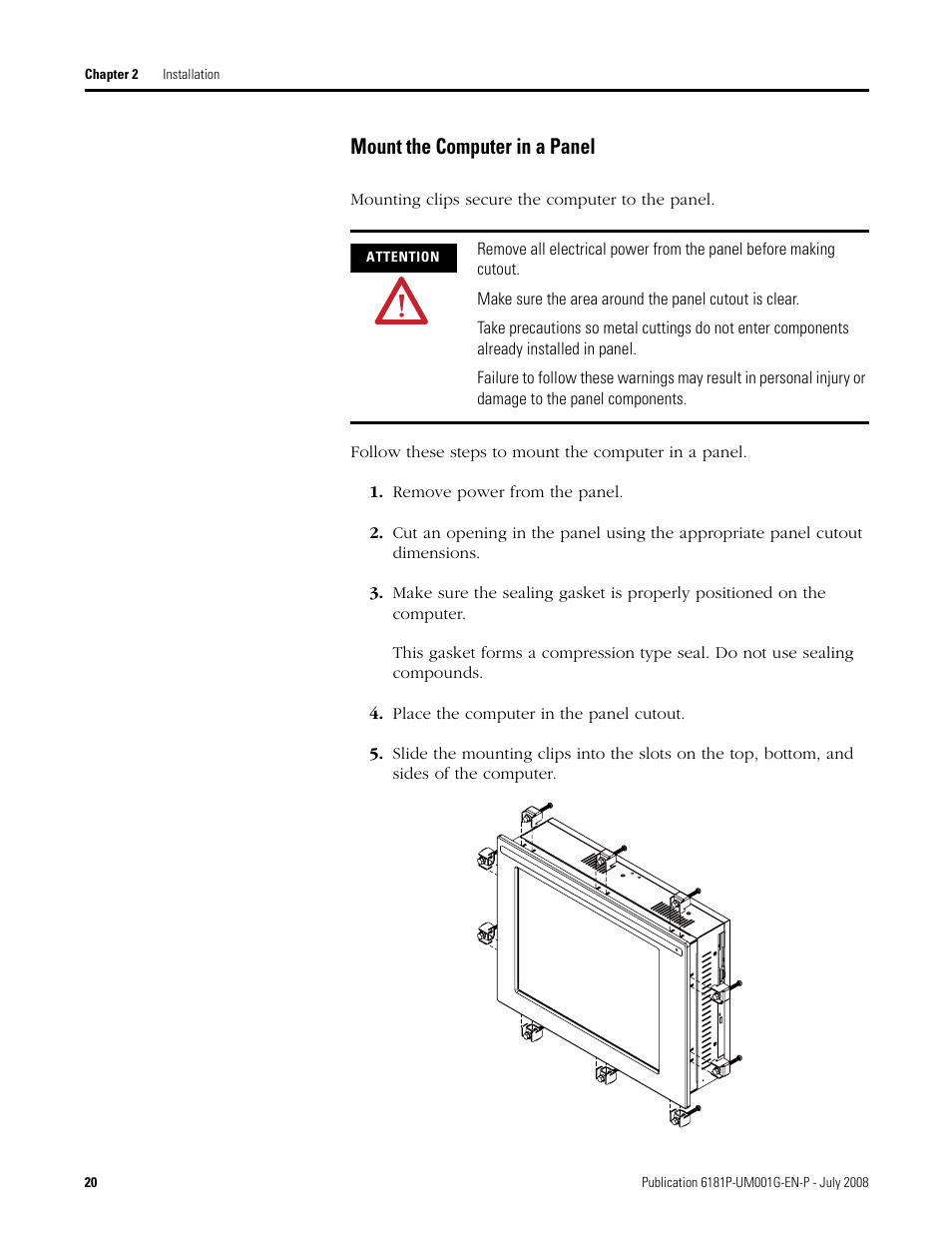 Mount the computer in a panel | Rockwell Automation 6181P-xxxx Integrated Display Computers, Series A to D User Manual | Page 20 / 72
