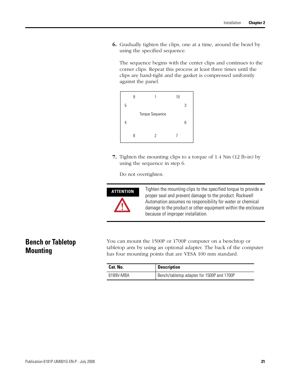 Bench or tabletop mounting | Rockwell Automation 6181P-xxxx Integrated Display Computers, Series A to D User Manual | Page 21 / 72