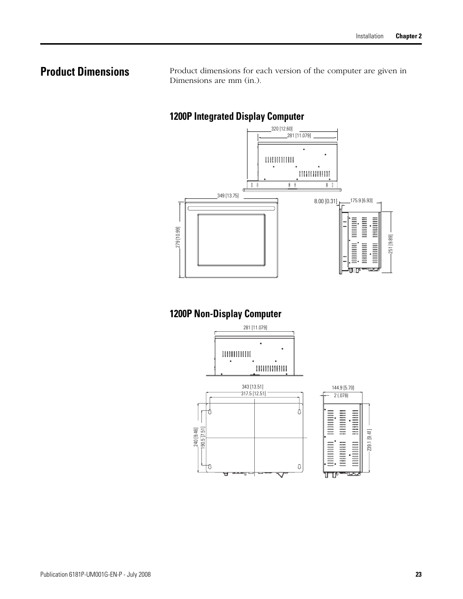 Product dimensions, 1200p integrated display computer, 1200p non-display computer | Rockwell Automation 6181P-xxxx Integrated Display Computers, Series A to D User Manual | Page 23 / 72