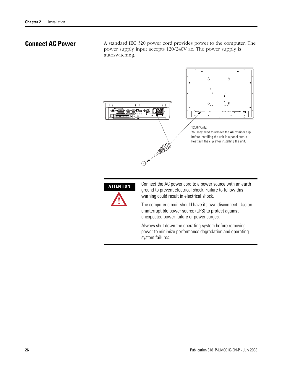 Connect ac power | Rockwell Automation 6181P-xxxx Integrated Display Computers, Series A to D User Manual | Page 26 / 72