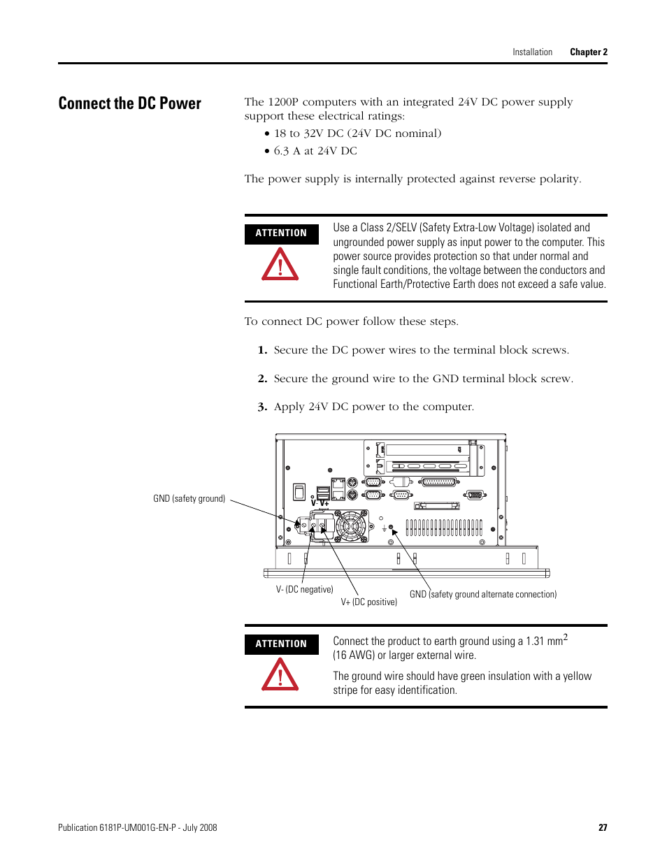 Connect the dc power | Rockwell Automation 6181P-xxxx Integrated Display Computers, Series A to D User Manual | Page 27 / 72