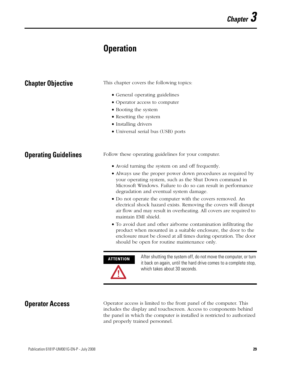 3 - operation, Chapter objective, Operating guidelines | Operator access, Chapter 3, Operation, Chapter | Rockwell Automation 6181P-xxxx Integrated Display Computers, Series A to D User Manual | Page 29 / 72