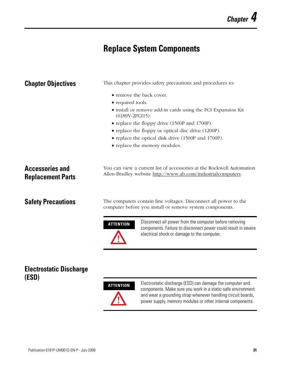 4 - replace system components, Chapter objectives, Accessories and replacement parts | Safety precautions, Electrostatic discharge (esd), Chapter 4, Replace system components, Chapter | Rockwell Automation 6181P-xxxx Integrated Display Computers, Series A to D User Manual | Page 31 / 72