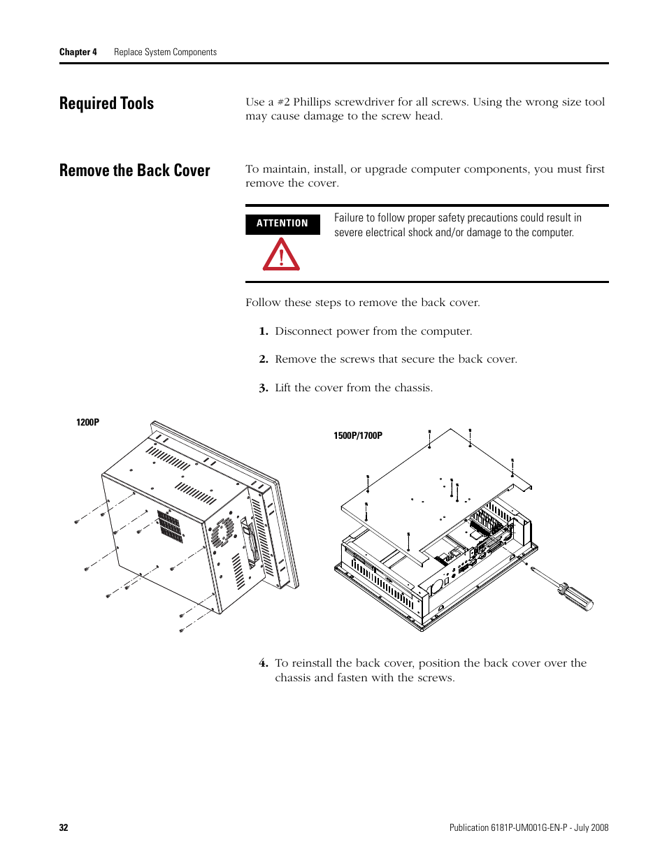 Required tools, Remove the back cover, Required tools remove the back cover | Rockwell Automation 6181P-xxxx Integrated Display Computers, Series A to D User Manual | Page 32 / 72