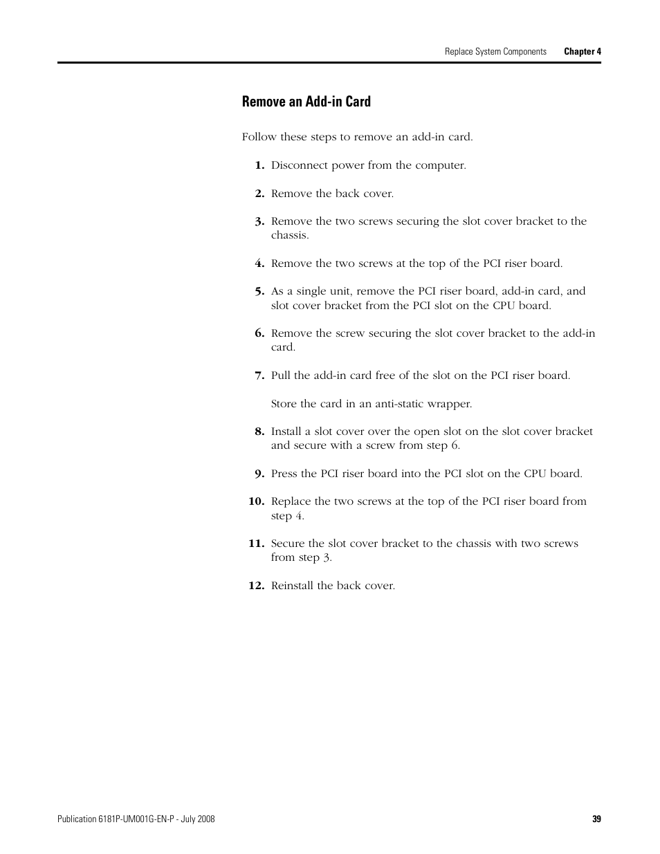 Remove an add-in card | Rockwell Automation 6181P-xxxx Integrated Display Computers, Series A to D User Manual | Page 39 / 72