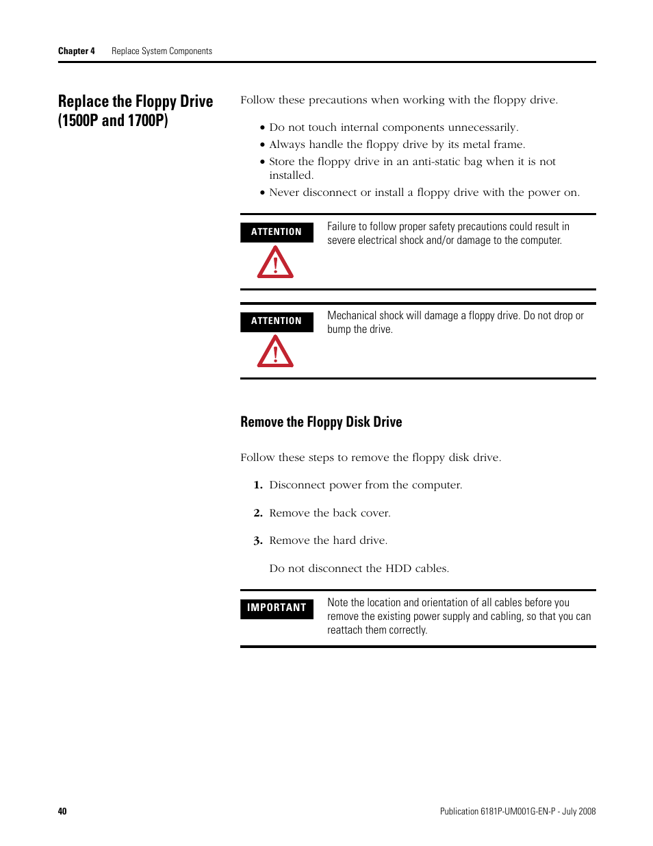 Replace the floppy drive (1500p and 1700p), Remove the floppy disk drive | Rockwell Automation 6181P-xxxx Integrated Display Computers, Series A to D User Manual | Page 40 / 72