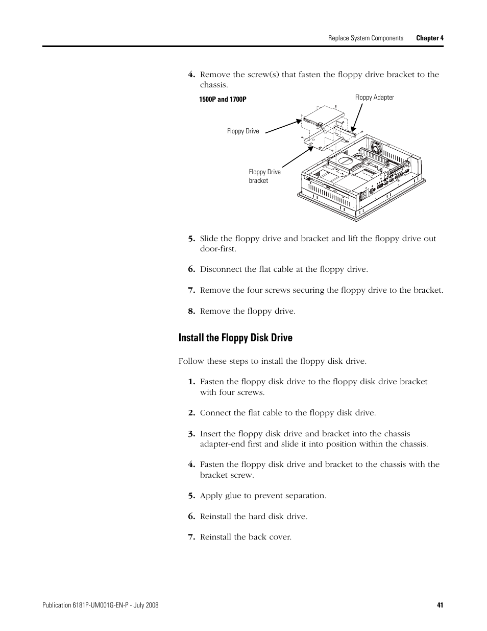 Install the floppy disk drive | Rockwell Automation 6181P-xxxx Integrated Display Computers, Series A to D User Manual | Page 41 / 72